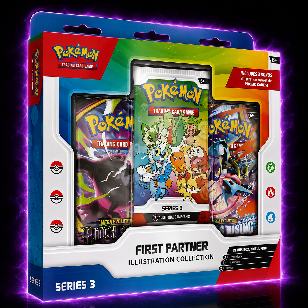 Pokémon First Partner Illustration Collection Series 3 met 3 exclusieve promokaarten, 2 Pokémon TCG boosterpacks en een Pokémon sticker.