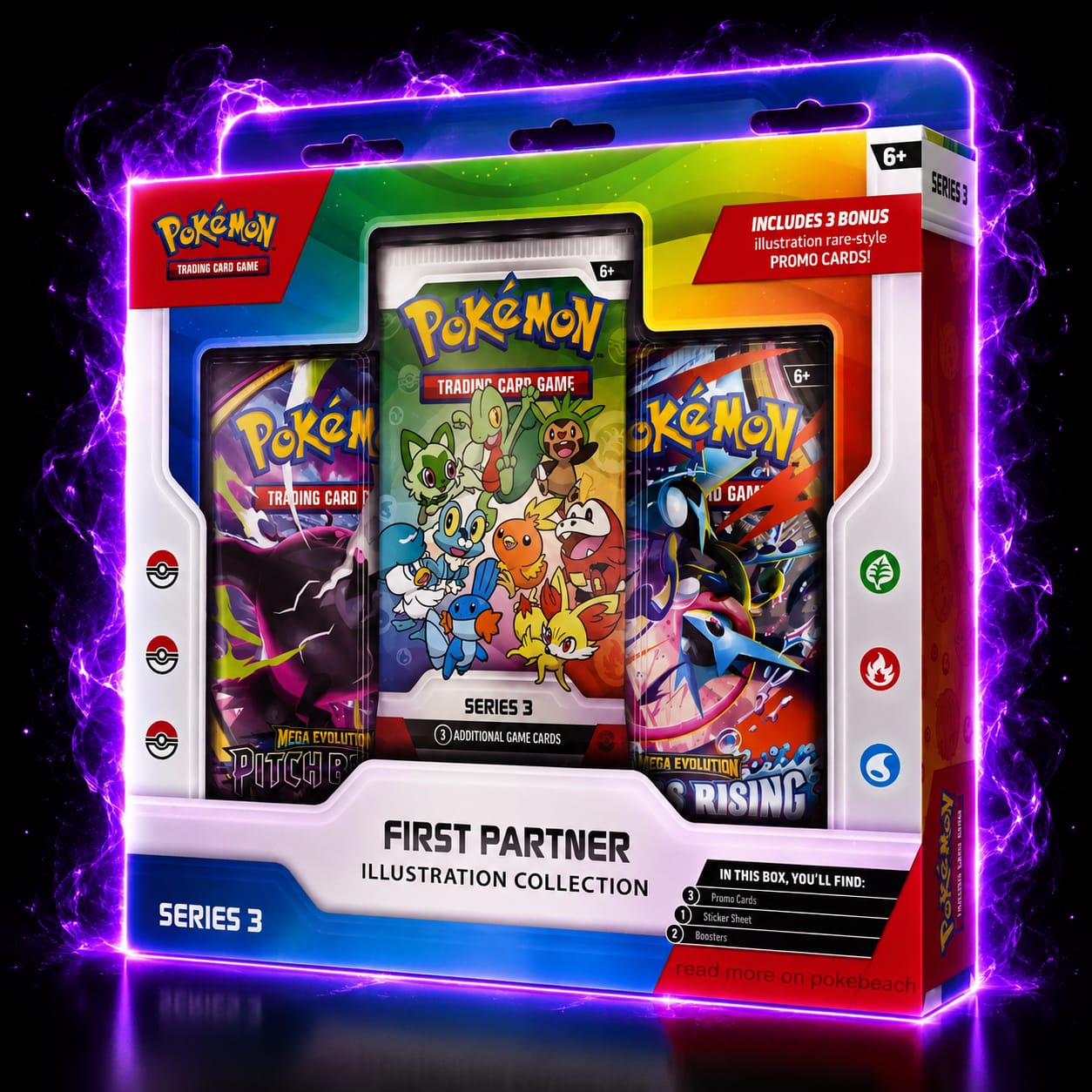Pokémon First Partner Illustration Collection Series 3 met 3 oversized promokaarten, 2 boosterpacks en een Pokémon sticker.