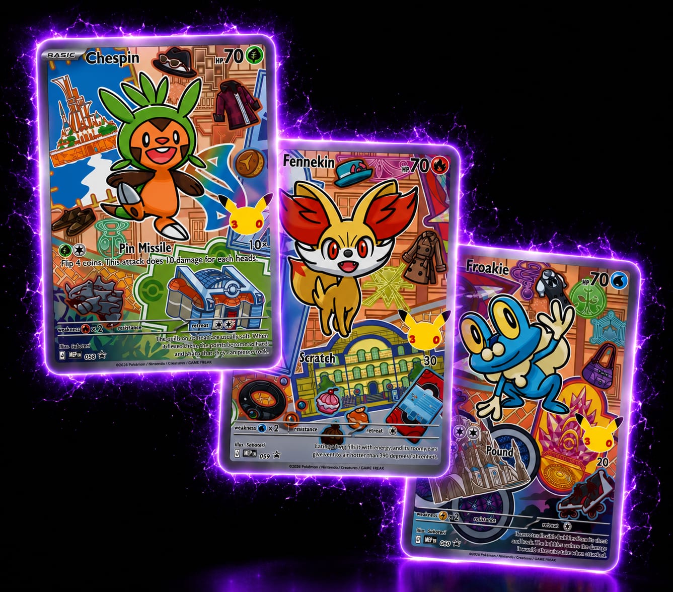 Pokémon First Partner Illustration Collection Series 3 met 3 oversized promokaarten, 2 boosterpacks en een Pokémon sticker.