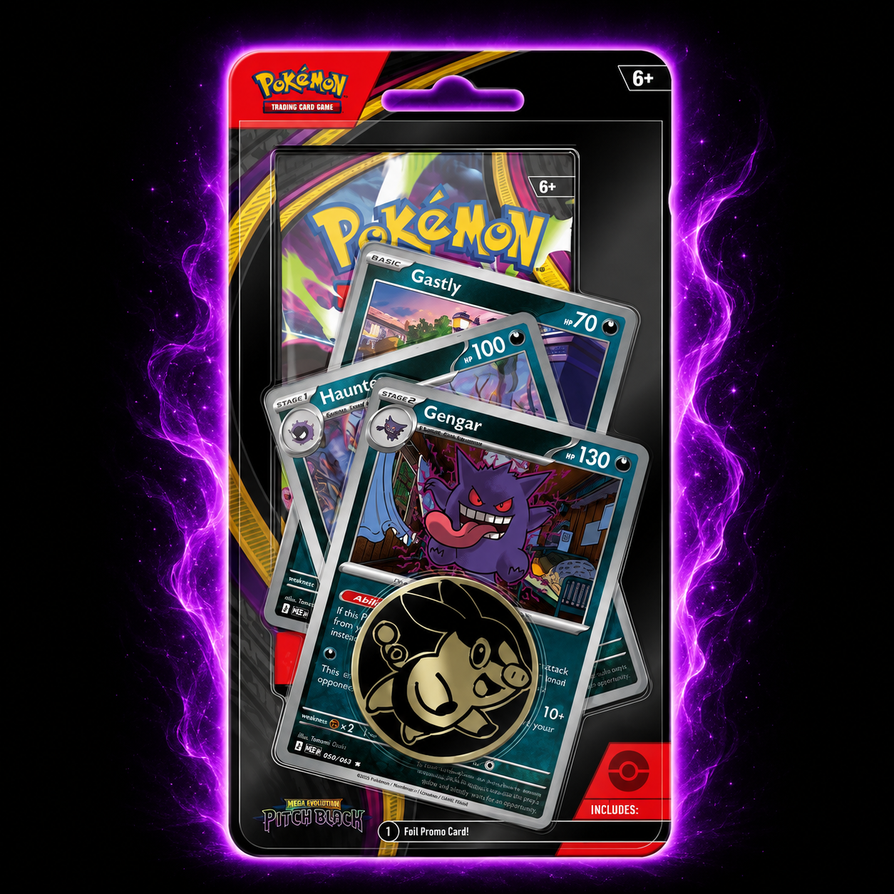 Pokémon TCG Mega Evolution Pitch Black Checklane Blister met Gastly, Haunter en Gengar promo kaarten en Pokémon Coin op zwarte achtergrond met paarse gloed.