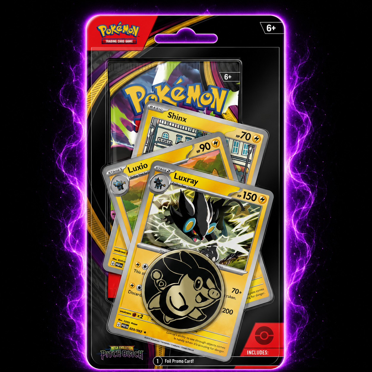 Pokémon TCG Mega Evolution Pitch Black Checklane Blister met Shinx, Luxio en Luxray promo kaarten en Pokémon Coin op zwarte achtergrond met paarse gloed.