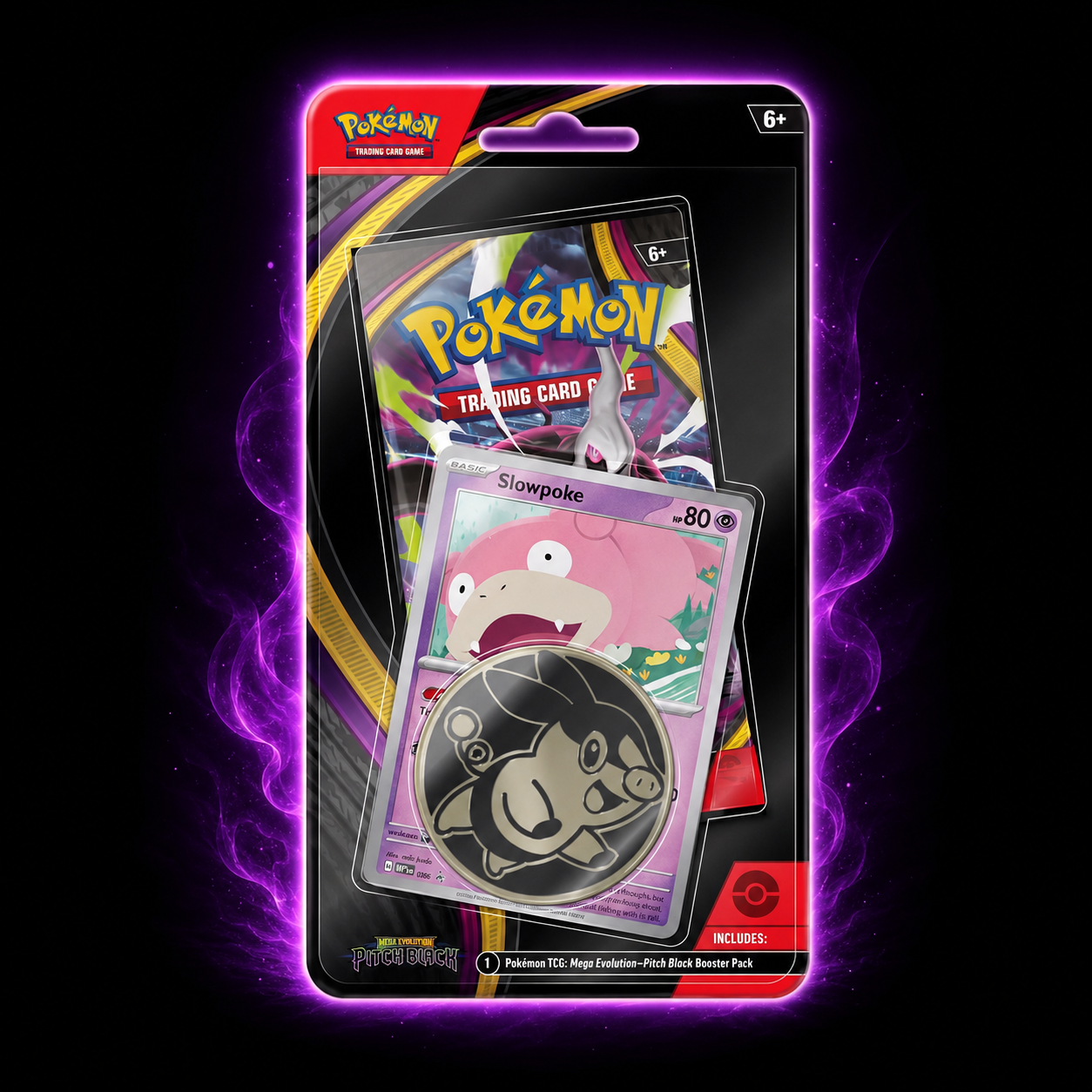 Pokémon TCG Mega Evolution Pitch Black Checklane Blister met Slowpoke Promo kaart en Pokémon Coin op zwarte achtergrond met paarse gloed.
